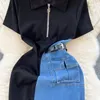 Mulheres Design Contraste colorir color Splicing jeans slim midlength ramesleeeeeeeeeeeeeeeved youth woman vestido de verão 240429