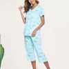 Women's Two Piece Pants Women Silky Pajamas Print Set With V Neck Wide Leg 2 Mother Grandmother Sleepwear For