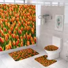 Shower Curtains Pink Cherry Blossoms Curtain Sets Tulip Rose Flowers Country Garden Scenery Bathroom Bath Mats Rug Toilet Cover