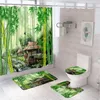 Duschgardiner bambu skog landskap badrum set gardin non-halp matta badmatta lock toalett täcker grön växt bondgård fågel
