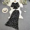 Work Dresses Fashion Two Piece Set For Women Floral Printed Square Collar Blouse Long Skirt Ruffles Pleated Dress Sets A-line Folds Dropship