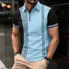 Summer Men koszulka Polo Prosta Lapel Zip Splating Stripe Drukowane koszule krótkie rękawowe mody masy męskie Tops 240513