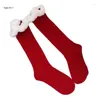 Dames sokken dames kerstjaar katoen rode knie hoog met faux bont veer trim patchwork lectief solide kleur vakantie feest j78e