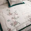 Bedding Sets White/Green Pastoral Flowers Embroidery 600TC Egyptian Cotton Set Bow Duvet Cover Bed Sheet Pillowcases Home Textiles