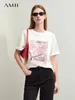 Camisetas femininas T-shirts de minimalismo amii para mulheres 2024 Summer o-gola rosa linha bordado bordado gota de ombro solto tops casuais 12442157