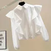 Blouses pour femmes mode plissée 3D Cousage à volants Blanc White Industry Industry Perbe Sweet Long Sleeve Doll Collar Blouse