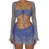 Robes de travail Femmes Sequins Crochet 3 pièces Ensemble Lace Up Bra Halter Crop Top Backlessless Cardigan Mini jupe tricoté