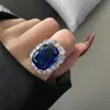 Cluster Anneaux Zoca Trend Classic 925 STERLING Silver Sapphire Blue Ring Full Circle CZ Vintage Women Fashion Engagement Couple Fine Bijoux