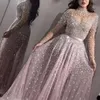 Luxe blush roze prom -jurken Hoge nek Een lijn lovertjes lovertjes kristallen bloemen applique wateau trein strass Rhinestone formeel avondfeest g 225B