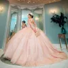 2022 Sexy Bling Rose Gold Pink Sequined Lace Quinceanera Dresses High Neck Crystal Beading Off Shoulder Ball Gown Vestidos De Dress Gue 275W