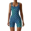 Damen Badebode Womens 3D Fish Scale Print Bodysuit ärmellose Shorts Badeanzug Surfen ein Stück Badeanzug Training Jumpsuit