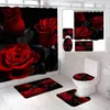 Duschgardiner 4sts Valentine Curtain Set Non-Slip Rug Toalettlock lock Bad Mat Red Rose Romantic Spring Floral Badrum