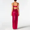 Sukienki robocze czerwca usta 2024 Summer Sexy Red Sukienka Pasek Krótki top wysoki talia cekin długie dwupoziomowe set hurtowy