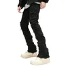 Jeans masculin pour hommes zipper bouton de streetwear pantalon denim pour la jambe droite à la hauteur mid-hauteur déchirée avec Burr Edge