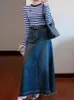 Röcke Frauen hohe Taille Vintage Blue Denim Lose Long Rock Streetstyle weibliche Knöchellänge A-Linie gerade tiefe Farbe