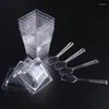 Disposable Cups Straws 25 Sets 150ML Square Jelly Cup Lid Spoon Mini Dessert Mousse Set For Cake Shop Restaurant Bar (Random )