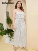 Cinemore Chic och Elegant Women Jumpsuit Plus Size Sequin Wide Leg Byxor Elastic Belted V Neck Sexig Cami Dress Prom Suit 240506