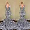 2022 Gorgeous Silver Mermaid Prom Dresses Spaghetti Braps V-Neck Appliques Lace Backless avondjurken BC13118 B0417Q 228J