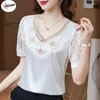 Women's Blouses Lace Flower Embroidery Elegant Woman Satin Fashion Short Sleeve Shirts Youth Top Summer V Neck Silk Blusas