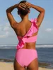 Frauen Badebekleidung 2024 Sexy einteilige Badeanzug Frauen BodySuit Solid One Schulter Ruffe Pink Ladies Bikini Set zwei Stücke