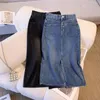 Jupes vintage denim jupe femme printemps automne hautes pèches de taille bleu noir solide divisé midi long