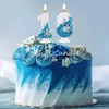 5pcs 양초 크리스마스 화염없는 생일 냉동 캔들 케이크를위한 캔들 0-9 숫자 공주 케이크 촛불 파티 장식 눈송이 블루 캔들 스탠드
