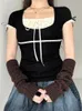 Deeptown Coquette Lace Crop T Shirts Sweet Girl Bow Aesthetic Tops Japanese 2000s Style Y2K半袖Tシャツ夏2024 240513