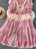 Autunno vacanze rosa maxi abito da donna abbigliamento turbante a manicotto lantern lungo fiore stampato retrò in chiffon sustidos 240512