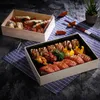 Bakvormen wikkelende doos voedsellade transparante verpakking houten eenmalige dessert vierkante container nobele milieuvriendelijke sushi-schotel 10 stks