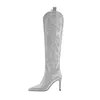 Bottes pointues Toe Full Diamond Patchwork Talons hauts Over-the-lene côté Zipper Silver Robe Banquet Banquet Runway Chaussures 2024