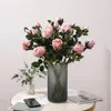 Fleurs décoratives Bouquet de fleurs artificielles 2 têtes Silk Rose Bourgogne rose fausse grappe de mariage.