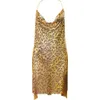 Sexig festklänning för klubbkvinnor Leopardtryck Kendall Jenner spaghetti remmantel ihålig ut Spark Diamond Halter 240508