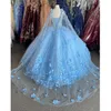 Bahama Blue 3D Flowers Quinceanera klänningar med wrap crystal pärlklänning aftonklänningar klassisk älskling snörning söt 16 klänning plus 194h