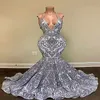 2022 Gorgeous Silver Mermaid Prom Dresses Spaghetti Straps V-neck Appliques Lace Backless Evening Gowns BC13118 B0417Q 228j