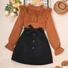 Clothing Sets Girls' Spring Dress Set 2024 European And American Lace Splicing Polka Dot Long Sleeved Top Short Skirt Children's We