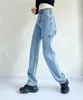 Jeans pour femmes larges droite salopette de jambe femme haute taille pantalon denim bleu automne feme