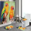 Shower Curtains Green Plant Bird Bathroom Decor Jungle Parrot Waterfall Sandy Beach Parrots Animal Curtain Non-Slip Rug Bath Mat