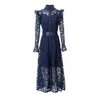 Europe and the United States women's 2024 summer new Stand collar Long sleeve blue hollow belt fashion Pleated dress XXL