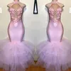 Robes de bal sirène rose blush 2020 Halter 3d fleurs appliques en dentelle robes de soirée plus taille