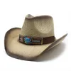 Band de sangle en cuir turquoise de mode pour hommes Retro Turquoise Hollow-out Bohemia Cowboy Western Summer Straw Cowgirl Sun Hat 58cm
