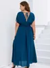 Robes de taille plus de taille plus de la taille de taille batwing slve maxi robe poche décontractée v robe coude divisée cravate ruée en arrière l'été élégant robe y240510