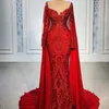 2021 Plus taille arabe aso ebi rouge sirène luxueuse robes de bal de cou de lace en dentelle de la soirée de la soirée formelle deuxième robes de réception dre 2052