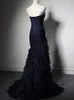 Mörk marinblå aftonklänning sjöjungfru prom klänningar veck tyll svep tåg riktiga bilder formella klänningar