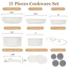 15 PCS Tencere Tavaları Çubuk, Mutfak Seti Çıkarılabilir Yapışmaz İndüksiyon Pişirme Setleri Çıkarılabilir sap, RV Tencere Seti, Fırın Güvenli PFA'ları ve PFOA ücretsiz, Beyaz