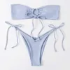 Sangle de maillots de bain pour femmes Ensemble de bikini décoré élégant avec Bandeau Top High Briefs Détail à lacets sexy pour plage