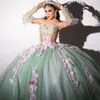 Glitter Mint Quinceanera Dress Ball Gown Off The Shoulder Colorful 3D Flowers Applique Beads Tull Corset Sweet 16 Vestidos De XV 15 Anos