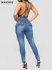 Kvinnors jeans kvinnor stretch våren rippade hål hög midja faux denim casual kvinnlig smal elastisk byxor blå mager penna byxor