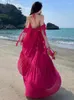Casual Dresses Summer Rose Red Elegant Sexy Loose Backless Halter Lace-up Long Dress For Women Ruffle Edge Off Shoulder Pleated Sundress