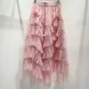 Skirts White Cakee Layered Fairy Maxi Long Tulle Skirt Wave Tiered A-line Fluffy Ankle Mesh Tutu Pink