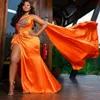 Sexy Orange One Shoulder Mermaid Prom Dresses Side High Split Beaded Sequins Glitter Ribbon Africa Long Formal Evening Gowns Special Oc 2558